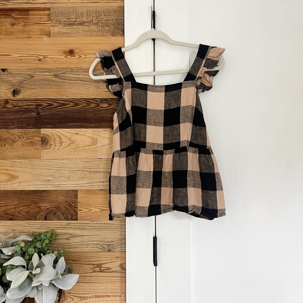 Who What Wear Linen Blend Gingham Check Ruffle Sleeve Top - Picture 2 of 4